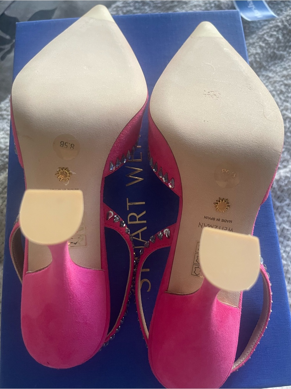 Stuart Weitzman Hot Pink Pointed Toe Slingback Heels with Crystal Trim
